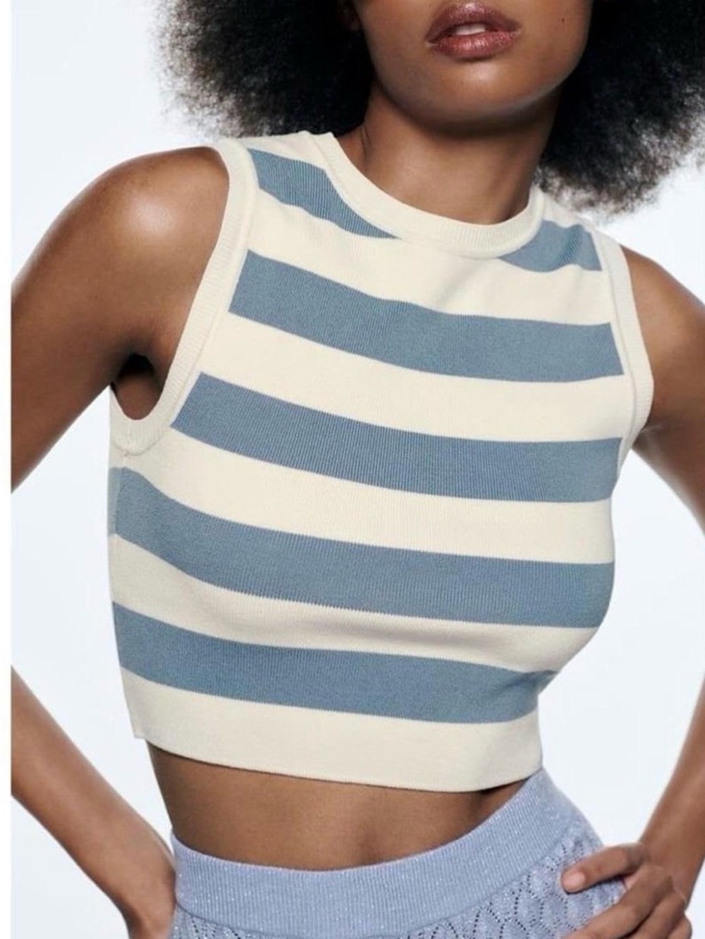 Zara Striped Knit Sleeveless Crop Top - Cream & Light Blue